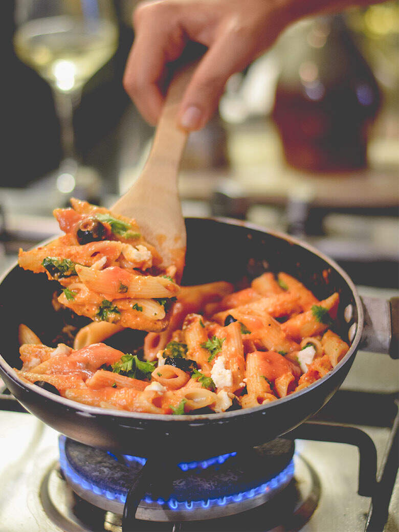 Penne with Red Pepper Sauce, Feta and Olives by Chef Natasha Celmi ...