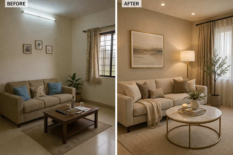 Budget living room with warm layered lighting and styled furniture